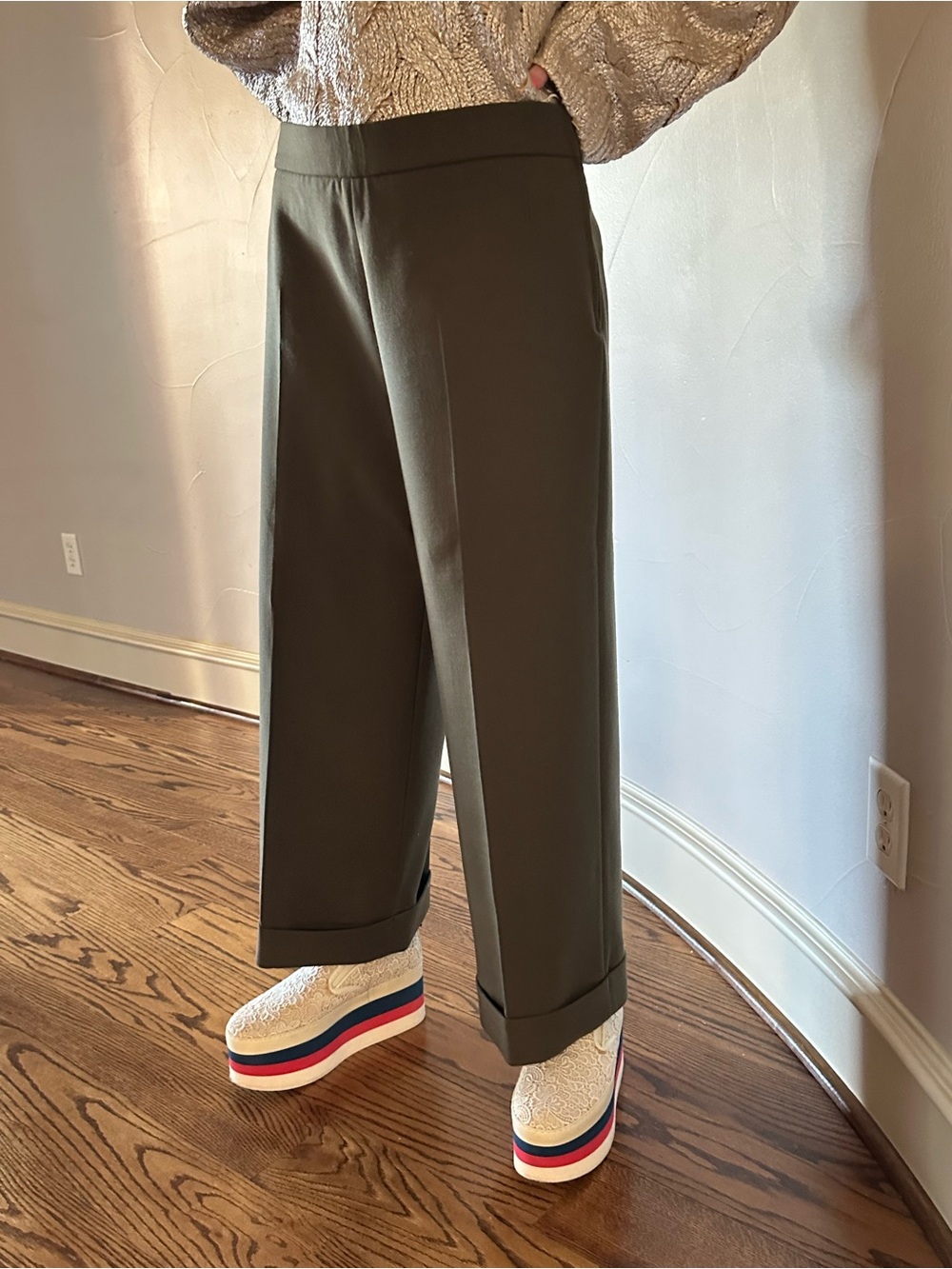 MARNI Olive Green Wool Wide Leg Tailored Cropped Cuffed Pants Trousers Sz 44🌸